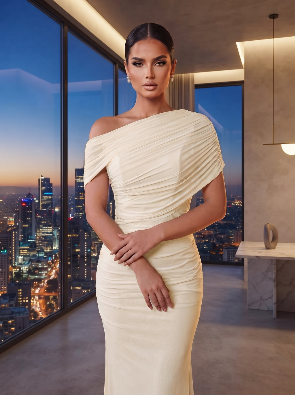 SDE3246 Elegant Solid Chiffon Overlay Ruffle Mermaid Dress