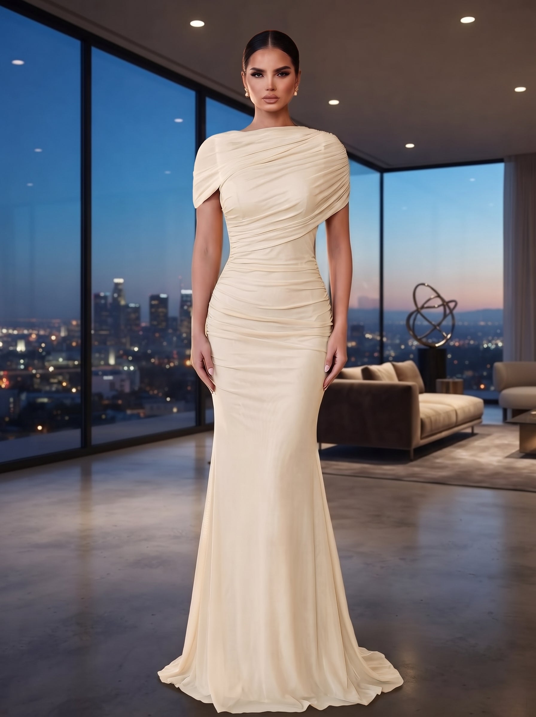 SDE3246 Elegant Solid Chiffon Overlay Ruffle Mermaid Dress