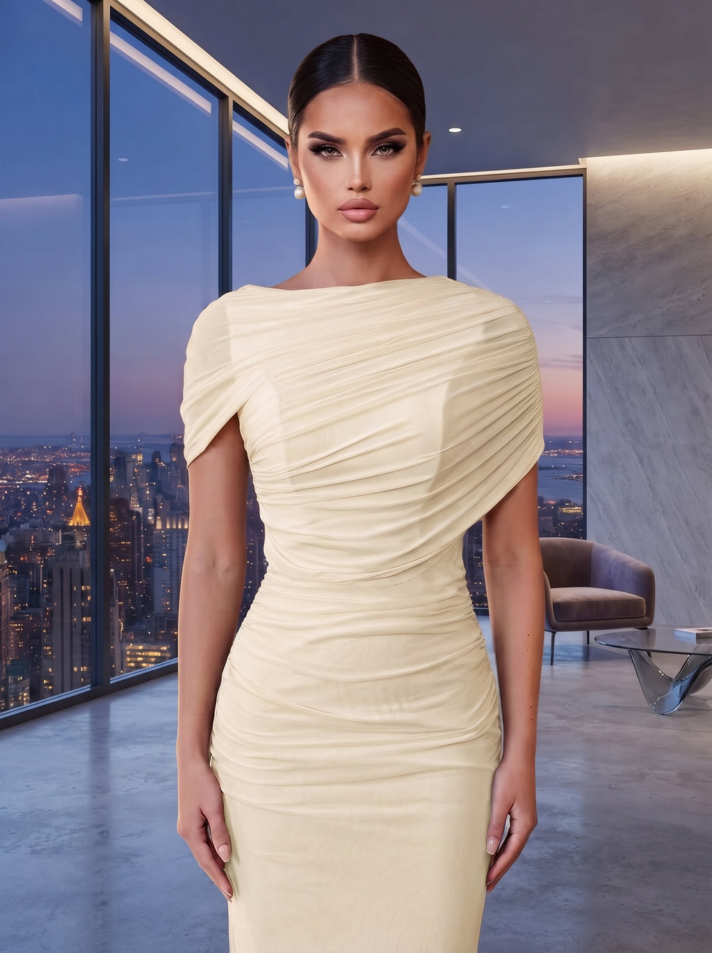 SDE3246 Elegant Solid Chiffon Overlay Ruffle Mermaid Dress