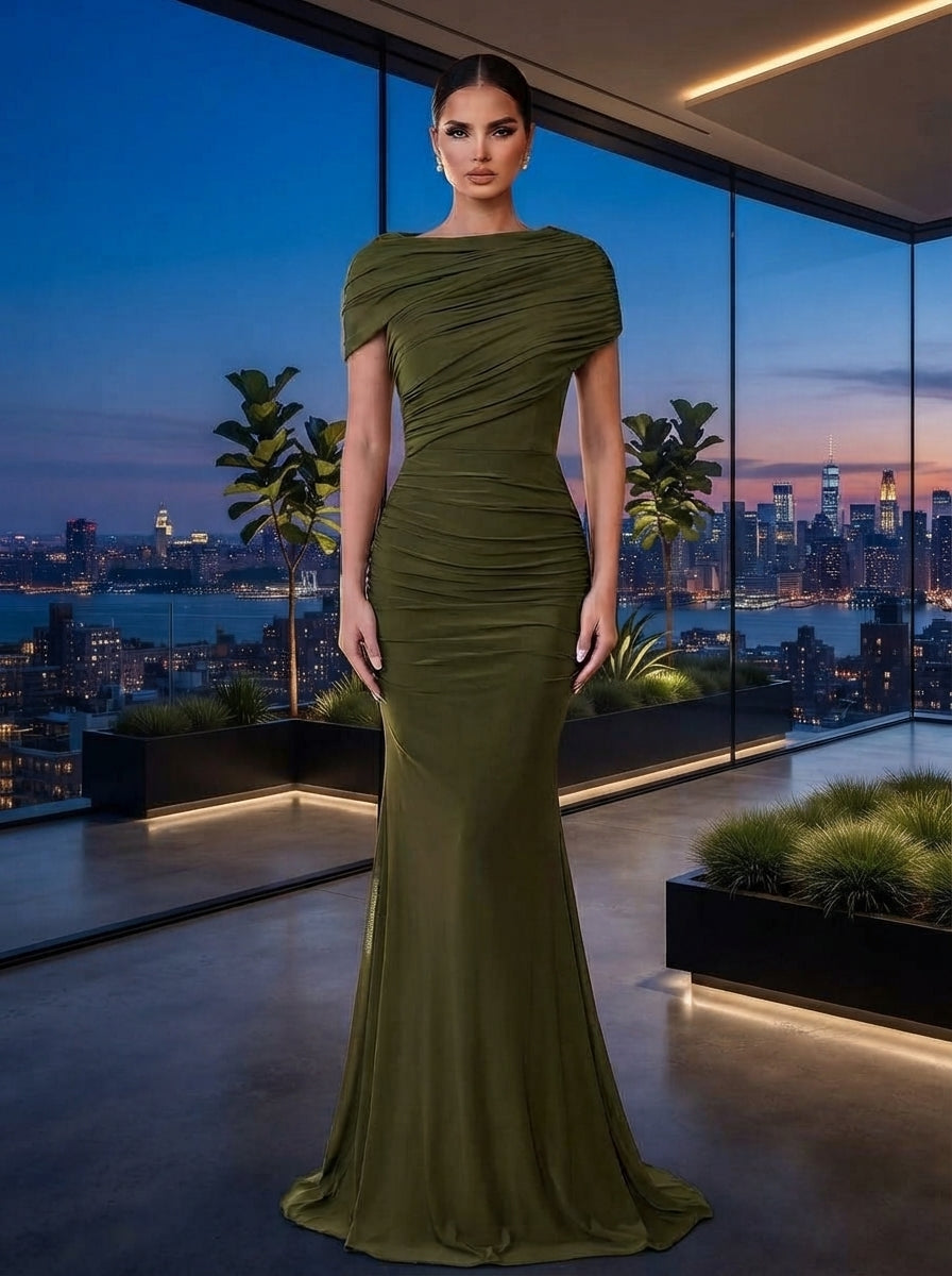 SDE3246 Elegant Solid Chiffon Overlay Ruffle Mermaid Dress