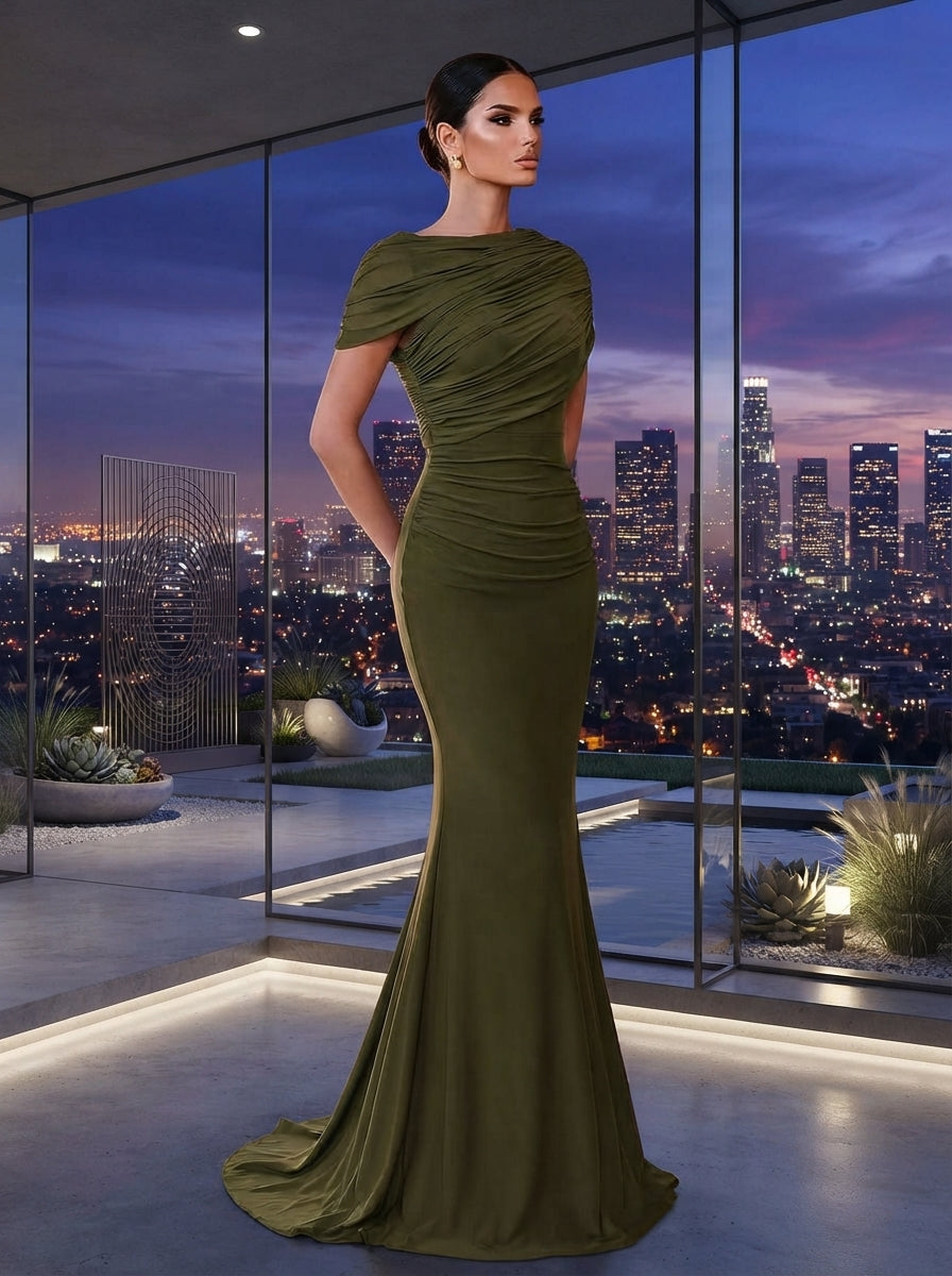 SDE3246 Elegant Solid Chiffon Overlay Ruffle Mermaid Dress