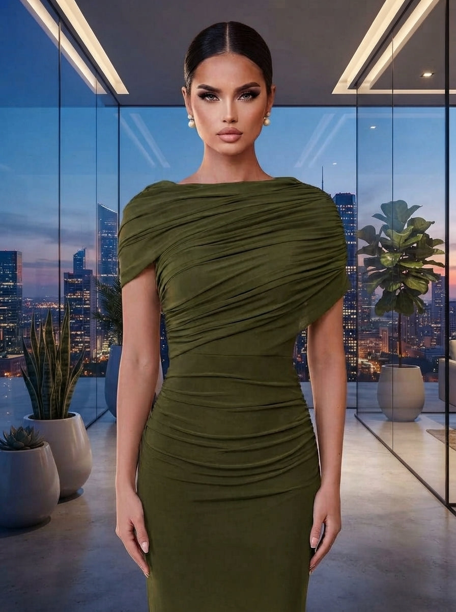 SDE3246 Elegant Solid Chiffon Overlay Ruffle Mermaid Dress