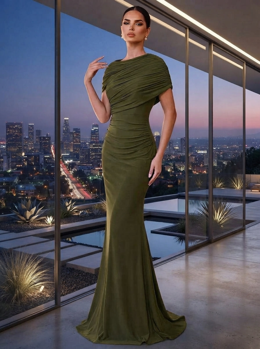 SDE3246 Elegant Solid Chiffon Overlay Ruffle Mermaid Dress