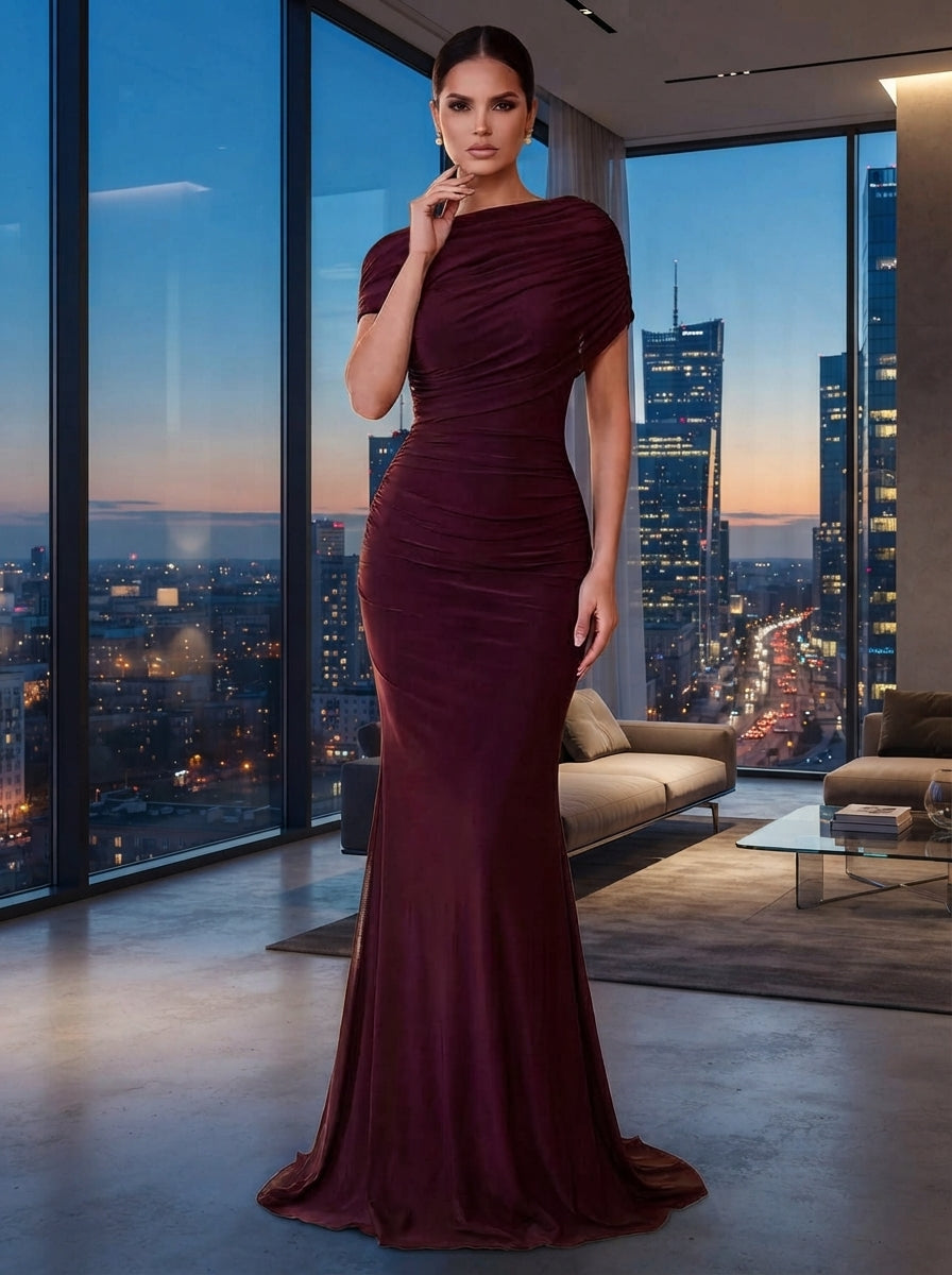 SDE3246 Elegant Solid Chiffon Overlay Ruffle Mermaid Dress