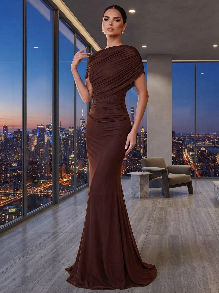 SDE3246 Elegant Solid Chiffon Overlay Ruffle Mermaid Dress
