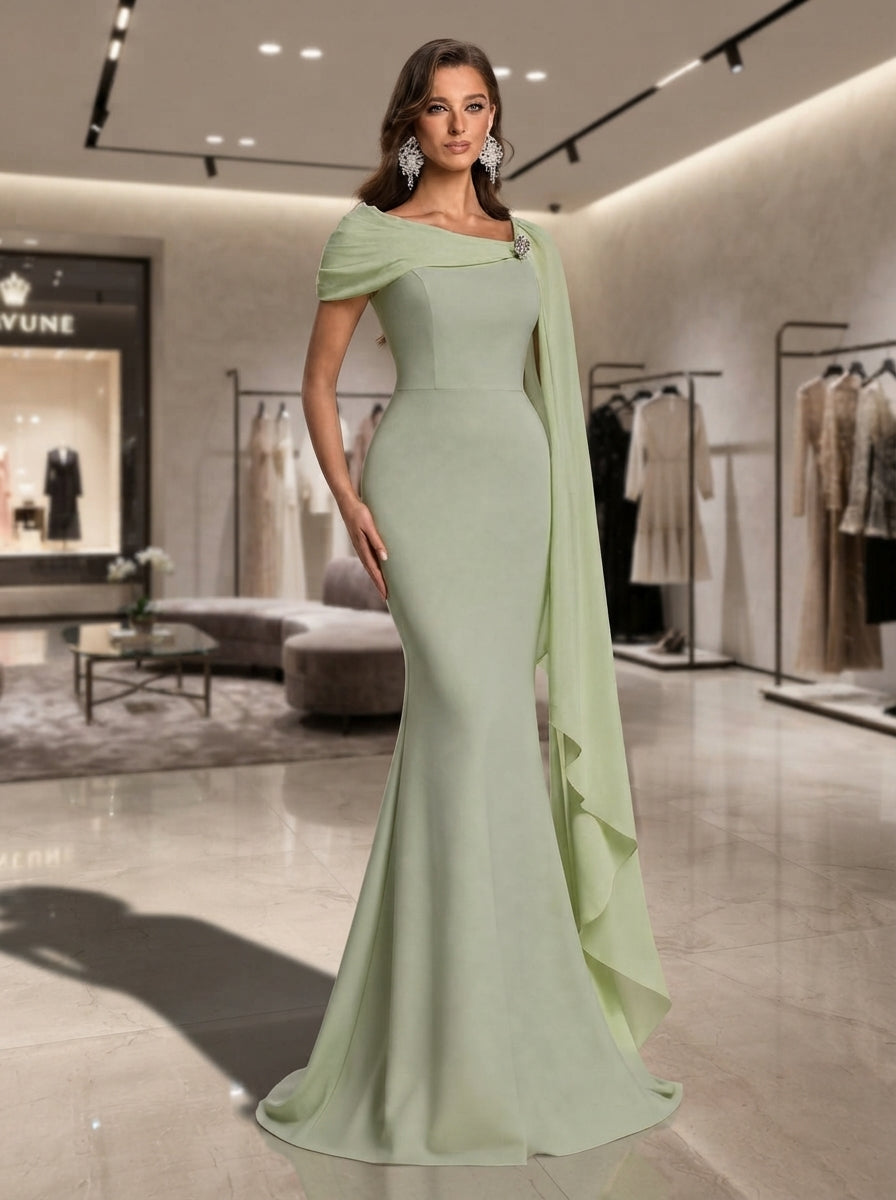 SDE3281 Asymmetrical Ribbon Collar Heavy Workmanship Evening Gown