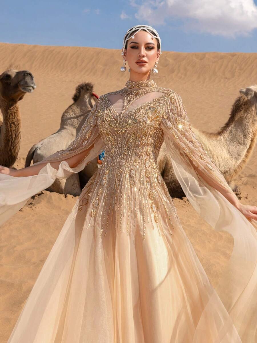 SD3212 Semi-High Neck Dense Beaded Gown image 0