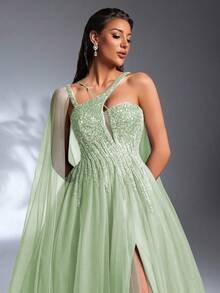 SD3186 Luxe Asymmetrical Beaded Mesh Gown - UK16(XL), Green image
