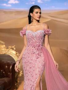 SD3220 Off-Shoulder Pearl & Beaded Slit Gown - UK10(m), Dusty Pink image