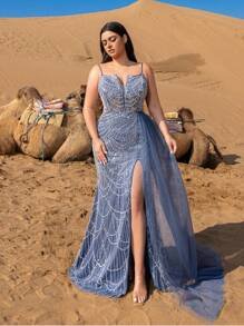 SD3247 Split-Thigh Beaded Mermaid Cami Gown image 4