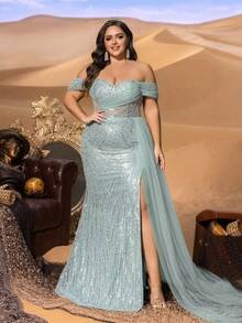 SD3241 Off-Shoulder Sequined Slit Gown image 7