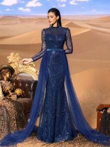 SD3223 Geometric Beaded Tulle A-Line Gown - UK10(m), Navy Blue image