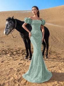 SD3221 Off-Shoulder Puff Sleeve Mermaid Gown - 12/14 (L), Green image