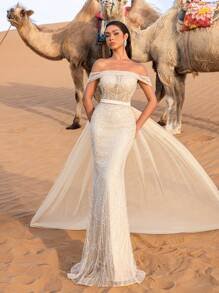 SD3215 Off-Shoulder Tulle Overlay Mermaid Gown - UK10(m), champagne image