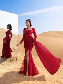 SD3227 Sweetheart Neck Draped Side Beaded Gown - UK18(XXL), Red image