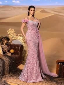 SD3220 Off-Shoulder Pearl & Beaded Slit Gown image 8