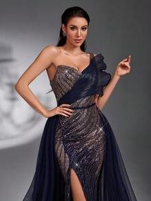 SD3270 One-Shoulder Navy Blue Sequin Beaded Trailing Gown - Navy, UK10 image