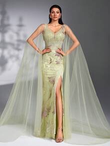SD3267 Cape Sleeve Sequin Beaded Embroidered Gown image 9