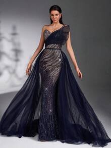 SD3270 One-Shoulder Navy Blue Sequin Beaded Trailing Gown image 4