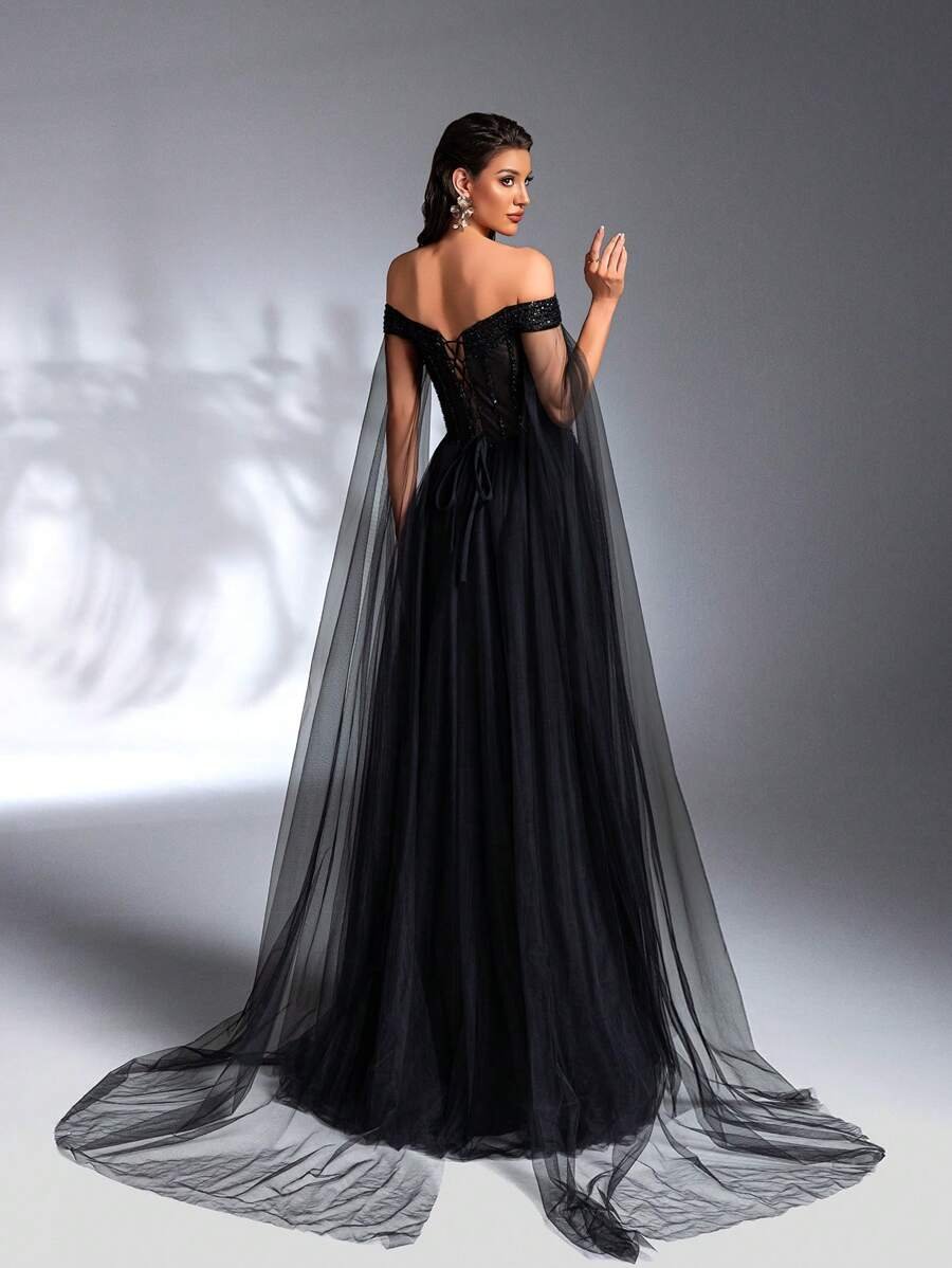 SD3183 Black Off-Shoulder Sequin Flared Gown image 9