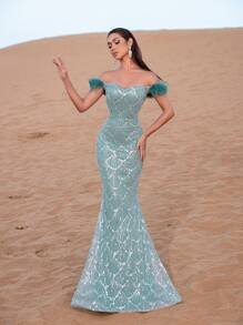 SD3219 Feather Accent Crystal Mermaid Gown - UK8(s), Cadet Blue image
