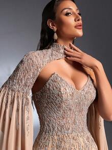 SD3269 Detachable 2-Piece Beaded Tube Top & Chiffon Gown - Dusky Peach, UK18 image