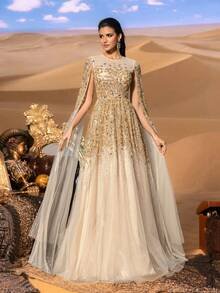 SD3228 Corseted Beaded Gown with Sheer Tulle Sleeves - 12/14 (L), champagne image