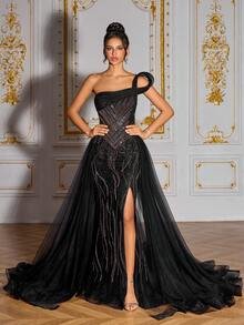 SD3274 3D Shaped Beaded Black High-Slit Gown image 6