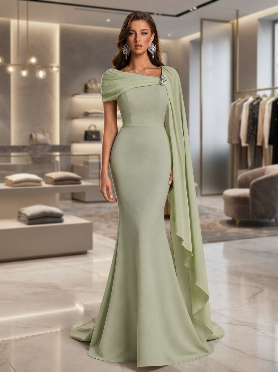 SDE3281 Asymmetrical Ribbon Collar Heavy Workmanship Evening Gown