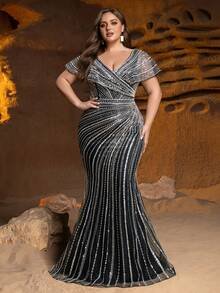 SD3239 Shimmering Sequin Beaded Mermaid Gown - UK22 (3XL), Silver image