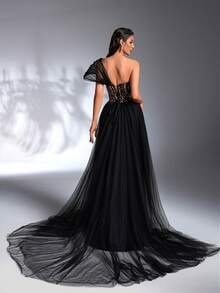 SD3200 Black & Gold Contrast 3D Shoulder Gown image 2