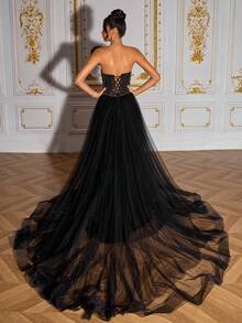 SD3274 3D Shaped Beaded Black High-Slit Gown - Black, UK18 image