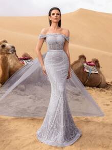 SD3215 Off-Shoulder Tulle Overlay Mermaid Gown image 0