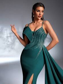 SD3265 Rhinestone Strap Pearl & Sequin High Slit Gown image 6