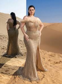 SD3251 Feather Detail Beaded Sequin Mermaid Gown image 2