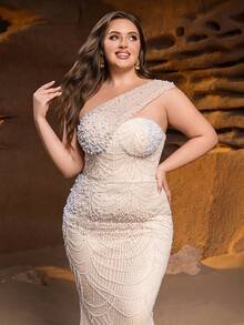 SD3244 One-Shoulder Beaded Sequin Mermaid Gown - UK22 (3XL), Apricot image