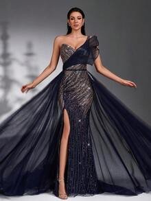 SD3270 One-Shoulder Navy Blue Sequin Beaded Trailing Gown (Copy) image 6