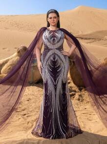 SD3243 Sheer Sleeve Sequin Mermaid Gown image 8