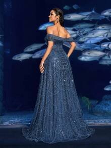 SD3216 Off-Shoulder Shimmering Fish Tail Gown - UK10(m), Dusty Blue image