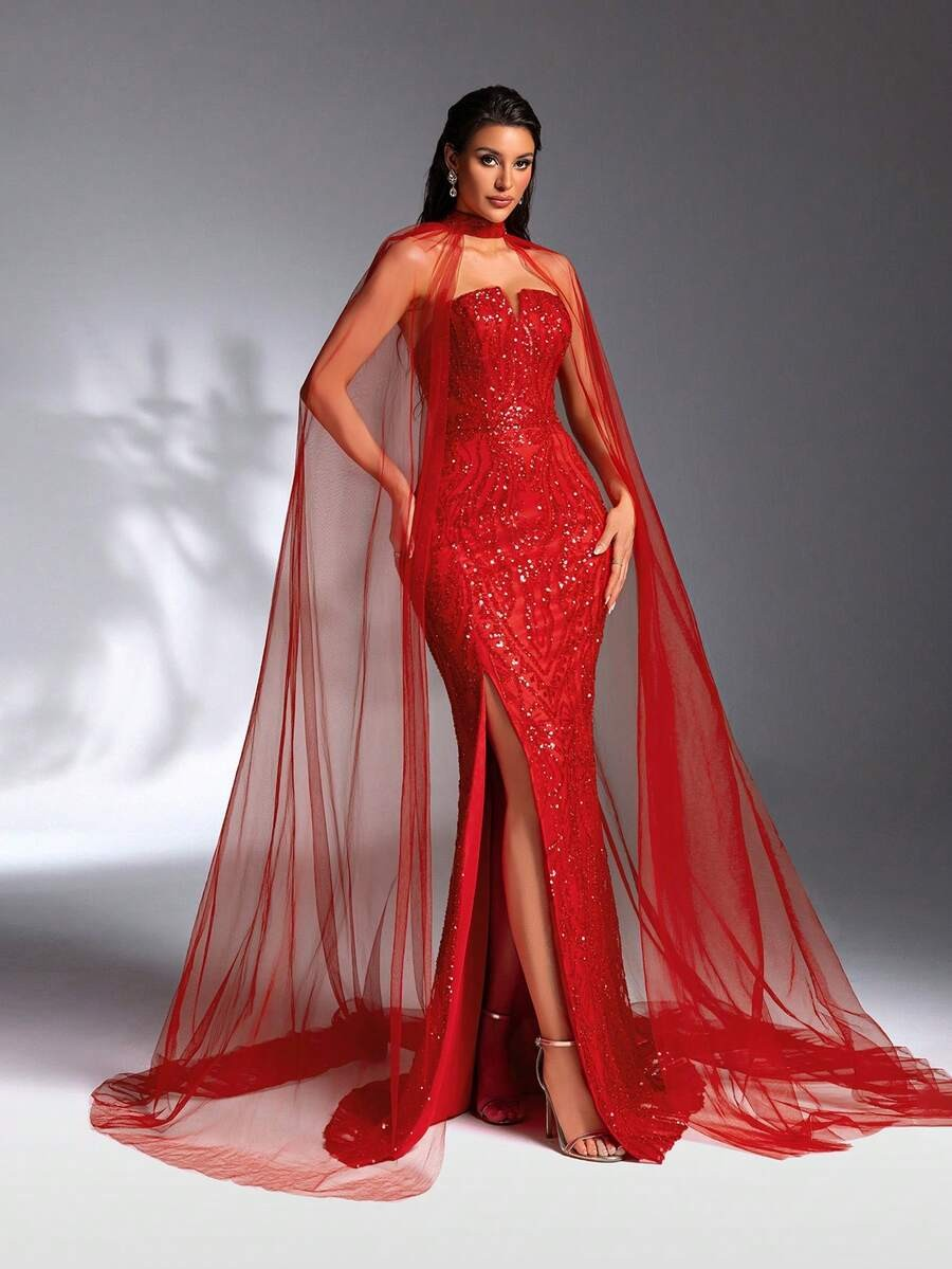 SD3201 Red V-Neck Sequin Gown & Sheer Shawl