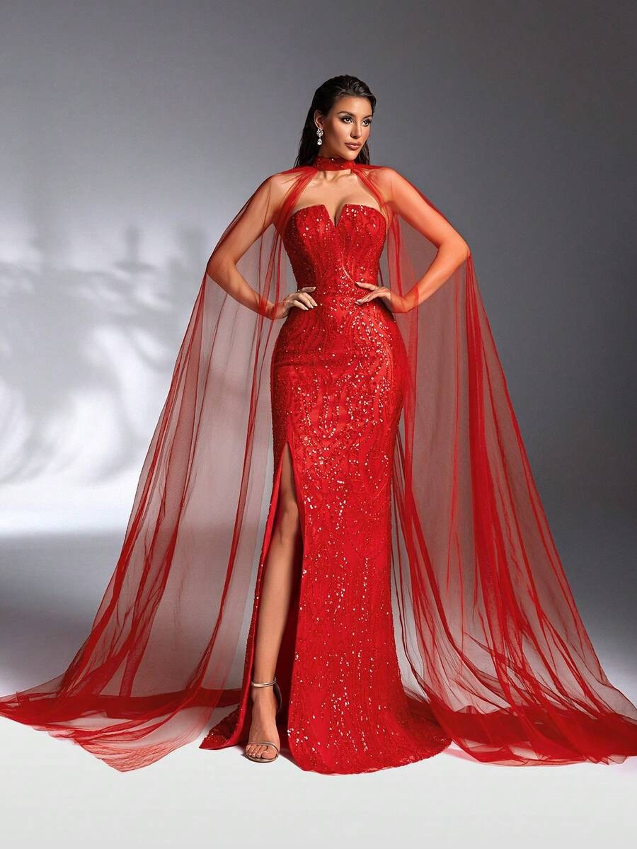 SD3201 Red V-Neck Sequin Gown & Sheer Shawl