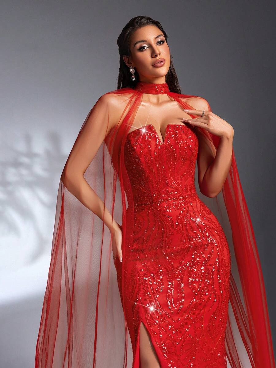 SD3201 Red V-Neck Sequin Gown & Sheer Shawl