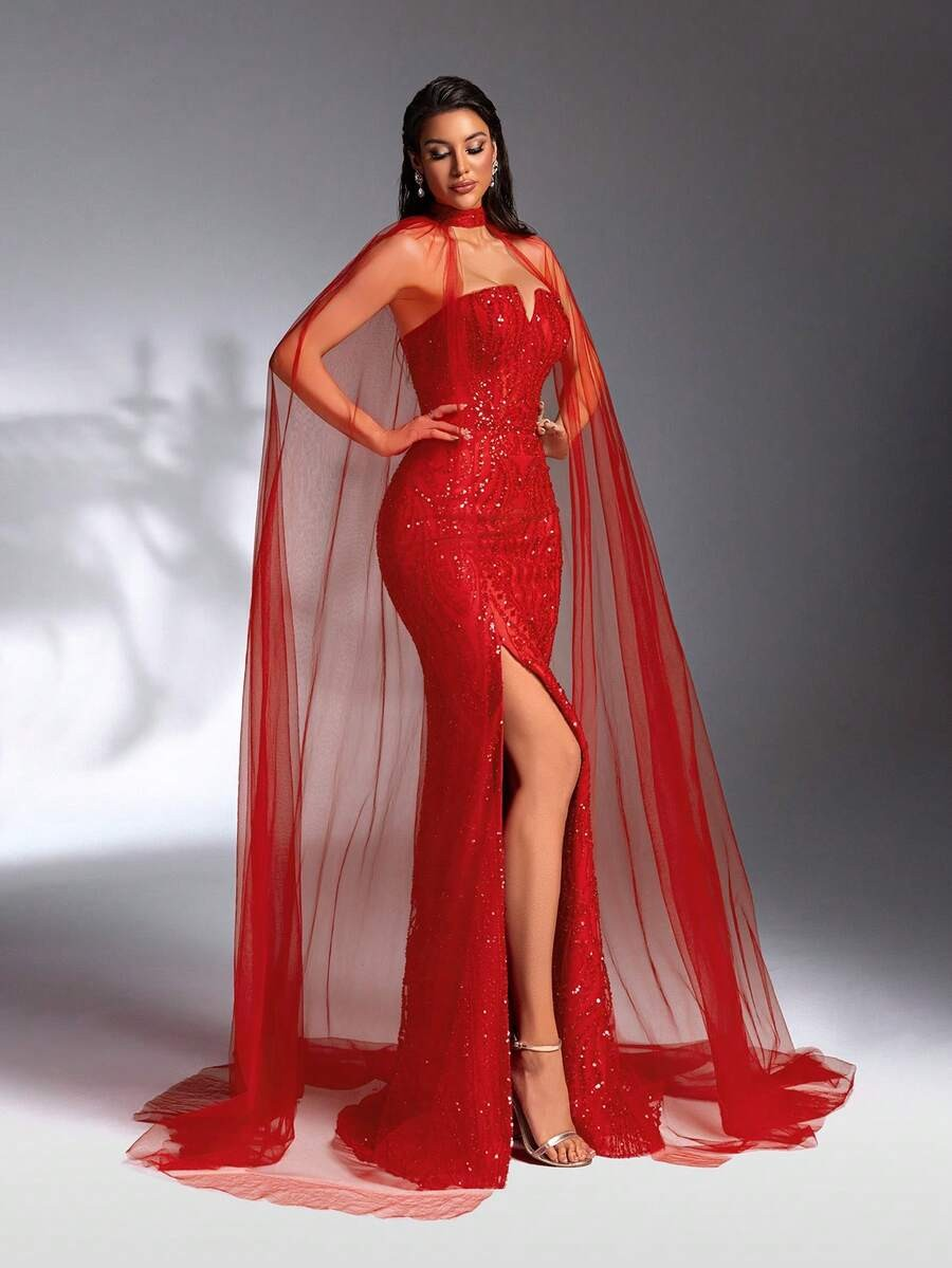 SD3201 Red V-Neck Sequin Gown & Sheer Shawl