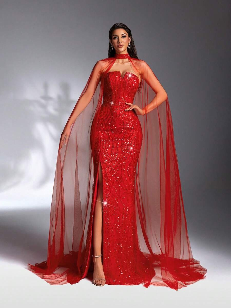 SD3201 Red V-Neck Sequin Gown & Sheer Shawl