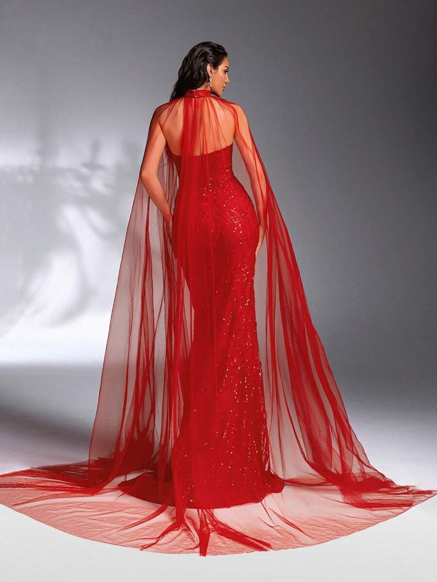 SD3201 Red V-Neck Sequin Gown & Sheer Shawl