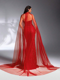 SD3201 Red V-Neck Sequin Gown & Sheer Shawl