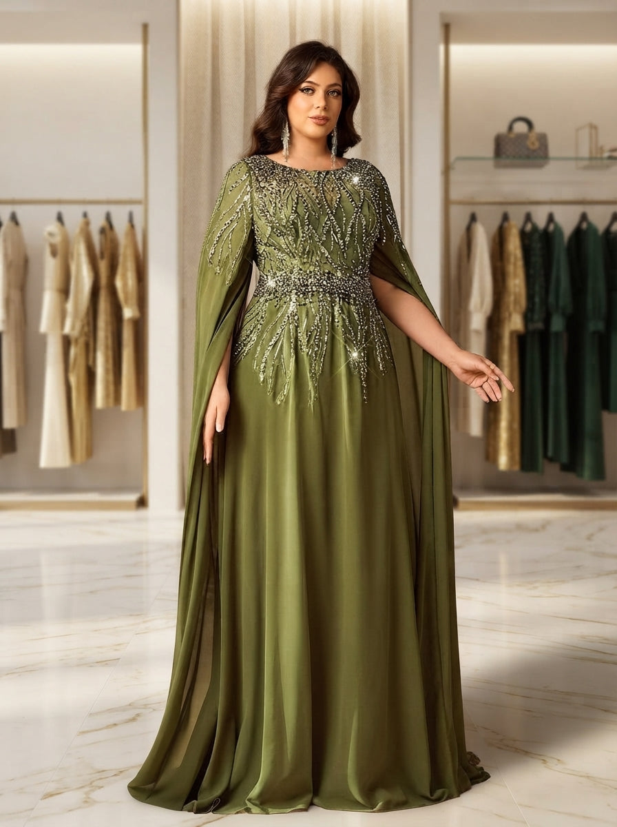 SDE3287 Plus Size Olive Green Beaded Embroidery Chiffon Dinner Gown – Stunning Dresses