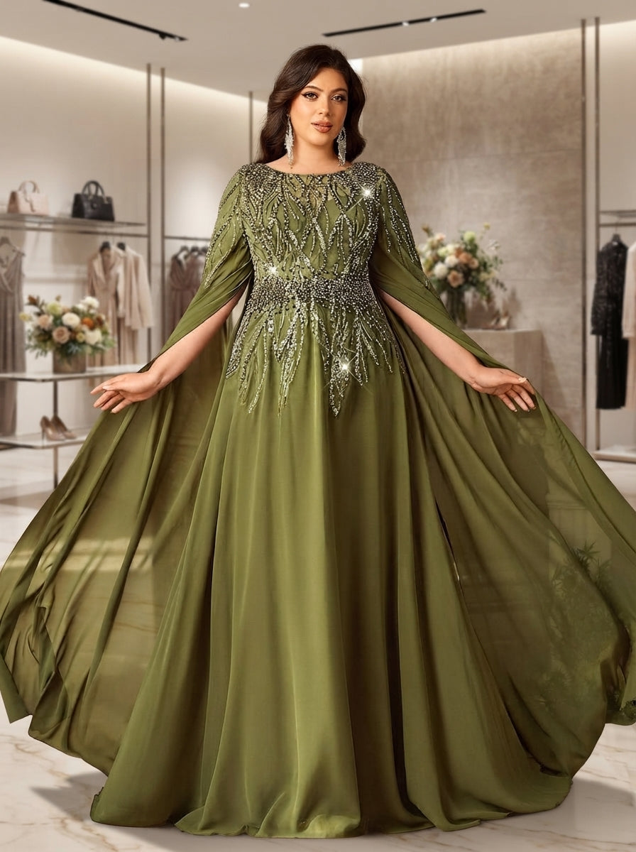 SDE3287 Plus Size Olive Green Beaded Embroidery Chiffon Dinner Gown