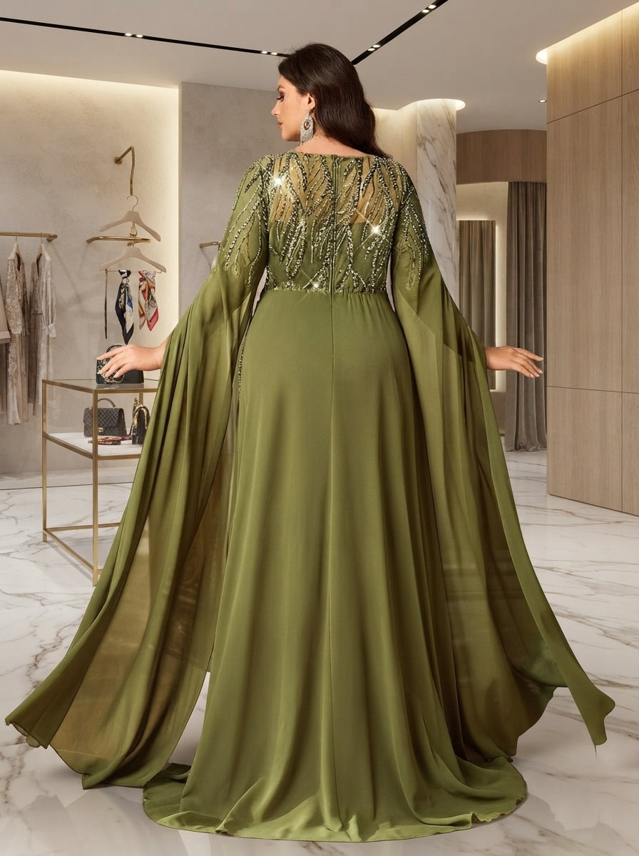 SDE3287 Plus Size Olive Green Beaded Embroidery Chiffon Dinner Gown