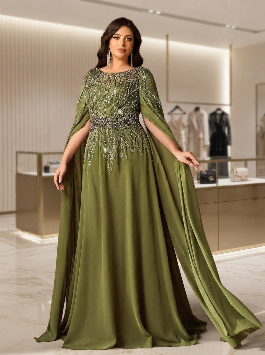 SDE3287 Plus Size Olive Green Beaded Embroidery Chiffon Dinner Gown